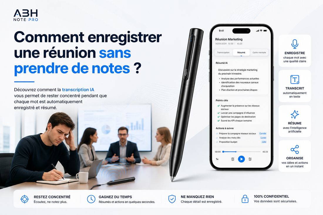 Comment enregistrer une réunion sans prendre de notes avec le stylo enregistreur vocal IA ABH Note Pro